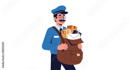 A friendly cartoon postman with a mustache and uniform holding a large mail bag full of packages and letters for delivery.