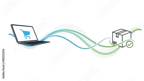 Laptop with shopping cart icon connected to a package icon