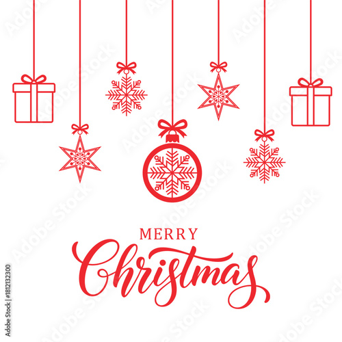 Festive red and white Christmas vector design featuring hanging baubles filled with snowflakes and smaller hanging snowflakes, accompanied by white "Merry Christmas" script calligraphy. Ideal for gree