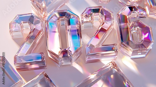 Sparkling Crystal Numbers 2026 Refraction and Light Play on a White Surface