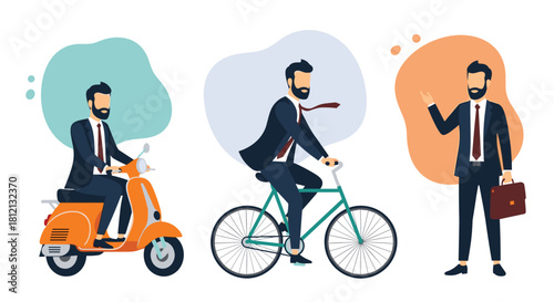 Set of a bearded businessman in a suit shown commuting on a scooter and bicycle and standing with a briefcase illustration.
