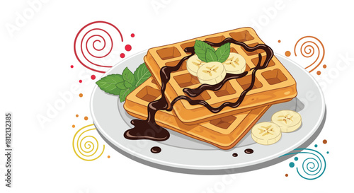 Two Belgian waffles on a plate are topped with chocolate sauce banana slices and mint leaves on a decorative background.