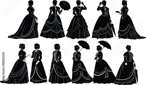Victorian woman silhouettes, black vector illustration, historical fashion poses, elegant gown design, parasol and hat accessories, vintage theme, retro style