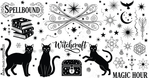 Witchcraft symbols, magical elements, black and white vector illustration, spellbound theme, celestial motifs, enchanted design, mystical icons, fantasy concept