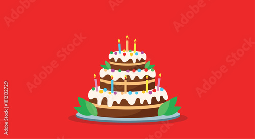A festive three-tiered birthday cake with white frosting colorful sprinkles and lit candles on a plate over a red background.