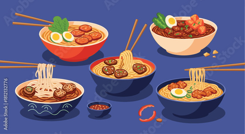 Assortment of five different bowls of delicious Asian ramen noodle soup with various toppings like eggs meat and vegetables.