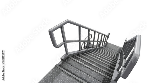 Metal stairs with handrails diamond plate steps against white background