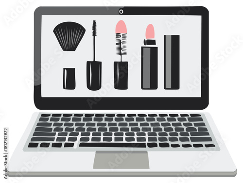 Laptop Screen Showing Brush, Mascara and Lipstick Online, Digital Cosmetics Product Browsing