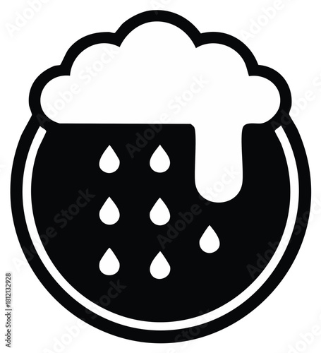 Dark circular symbol featuring pouring drops, foam, and beverage in flat design.