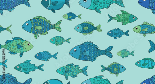 A seamless pattern of cute hand-drawn blue and green fish of various sizes swimming on a light turquoise background design.