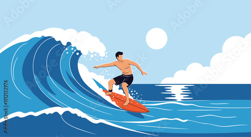 A male surfer rides a large blue ocean wave on his surfboard under a sunny sky in this exciting summer sport illustration.