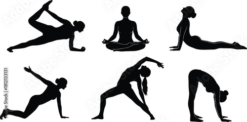 Yoga silhouette set, woman fitness poses, stretching exercises, meditation and pilates, vector collection isolated on white background, health and wellness concept