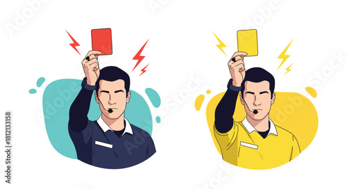 A soccer or football referee is shown in two variations holding up a red card and a yellow card for a penalty or warning.