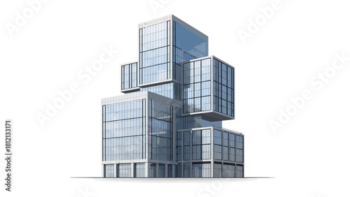 Modern glass office building with asymmetrical stacked levels