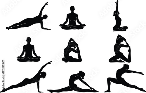 Yoga silhouettes set, woman fitness poses, stretching exercises, meditation and pilates, vector collection isolated on white background, health and wellness concept