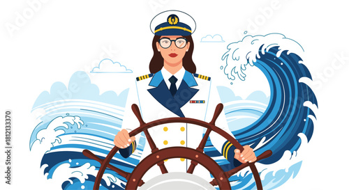 A confident female ship captain in a white uniform and glasses stands at the helm steering through large ocean waves.