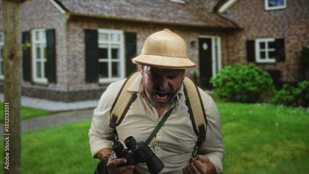 Fototapeta premium Man holding binoculars clenches fist and shouts at building entrance, backpack visible; anger exploration.