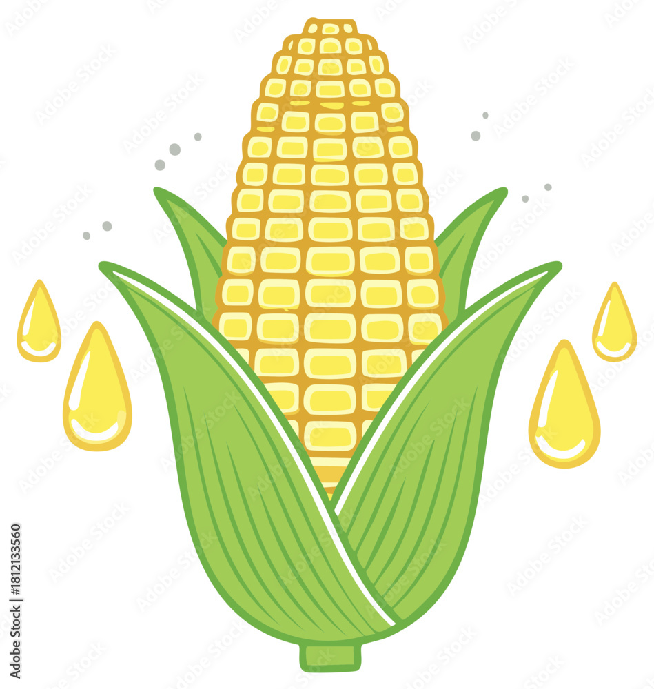 Obraz premium Illustration of a ripe ear of corn with yellow droplets symbolizing oil or juice