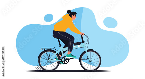 A smiling young person in a yellow hoodie enjoys a ride on a modern blue electric bicycle with an abstract background.