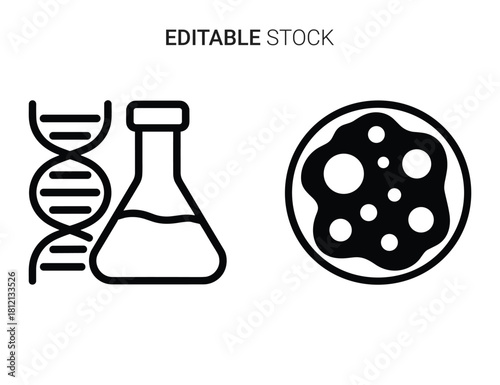 Scientific vector icons: dna, laboratory flask, and petri dish for research concepts