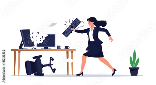 An angry businesswoman in a suit smashes her office computer monitors with a keyboard out of stress and frustration illustration.