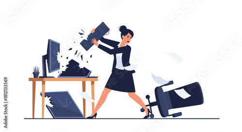 An enraged businesswoman aggressively smashes her office computer equipment with a keyboard due to extreme work-related stress.
