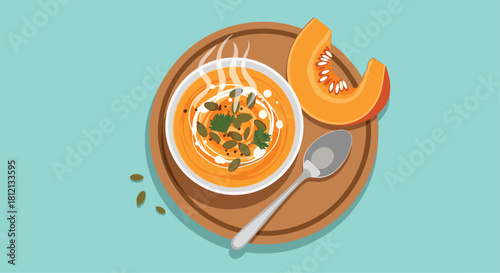 A top-down view of a bowl of steaming pumpkin soup garnished with seeds and cream on a wooden plate with a spoon.