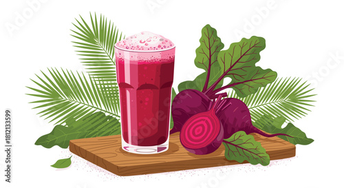 A tall glass of frothy beet juice sits on a wooden board next to whole and sliced beets surrounded by tropical leaves.
