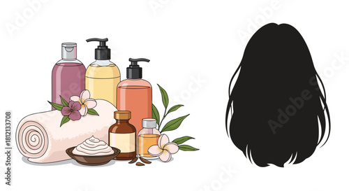 Hair care and spa treatment products like shampoo oil and towels are displayed next to a silhouette of long healthy hair.