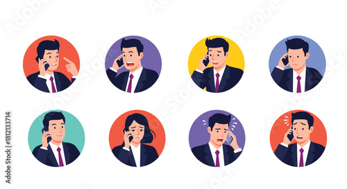 A set of eight circular avatars shows a businessman and businesswoman on the phone with various expressions and emotions.