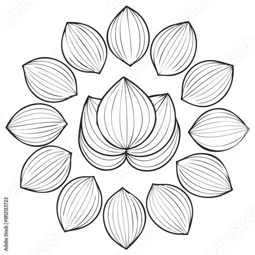 Symmetrical lotus flower mandala line art. Abstract floral pattern for coloring, yoga, and meditation.