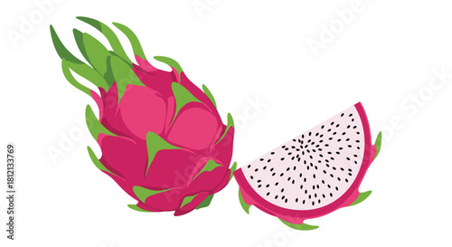A whole ripe dragon fruit with its characteristic pink and green skin is shown next to a slice revealing its white flesh.