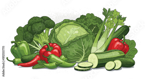 A large assortment of fresh green and red vegetables like cabbage peppers and broccoli is shown in a detailed illustration.