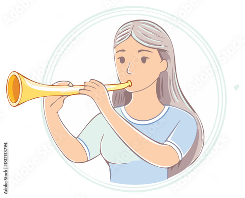Young woman playing a golden brass trumpet in a simple artistic illustration