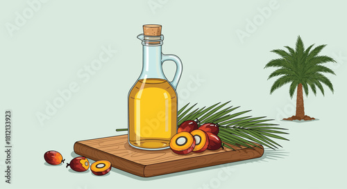 A glass bottle of palm oil sits on a wooden board with palm fruits and a palm tree in the background illustration.