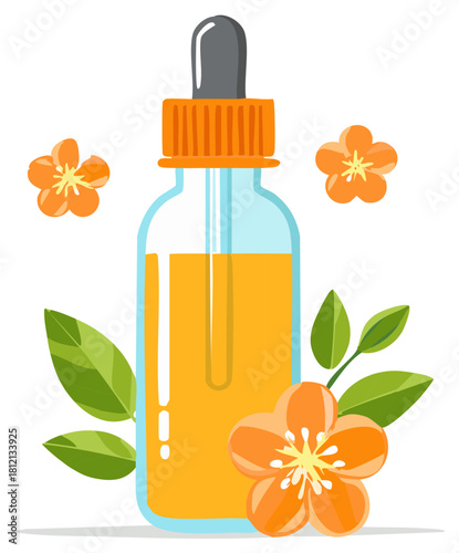 Aromatic Flower Serum in Dropper Bottle with Leaves and Blossoms for Beauty and Aromatherapy