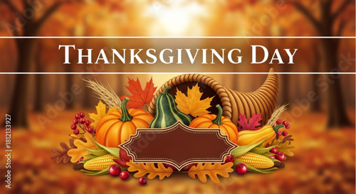 Thanksgiving day greeting card with cornucopia and autumn harvest