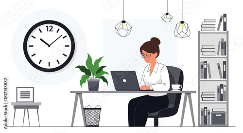 A businesswoman with glasses and a bun works diligently on her laptop at a modern office desk with a large clock behind her.