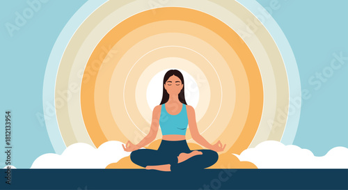 A calm woman meditates in the lotus yoga pose against a backdrop of a colorful radiating sun and clouds in the sky.
