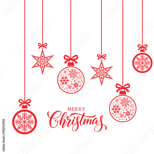 Festive red and white Christmas vector design featuring hanging baubles filled with snowflakes and smaller hanging snowflakes, accompanied by white "Merry Christmas" script calligraphy. Ideal for gree