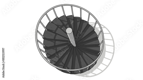 Overhead view of a gray spiral staircase with a central pole and railings