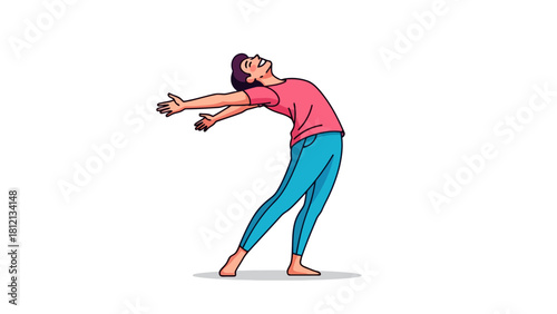 Person in pink shirt and blue pants arched backward