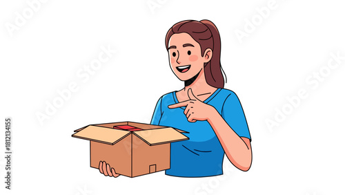 Person holding a box with items inside and pointing