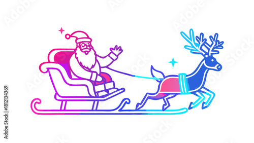 Santa riding a futuristic sleigh powered by glowing neon reindeer