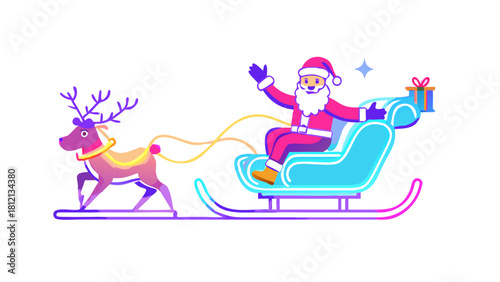 Santa riding a futuristic sleigh powered by glowing neon reindeer