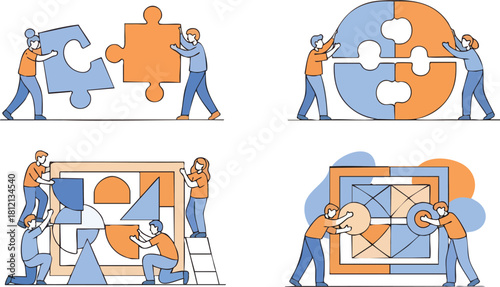 Set of illustrations showing teamwork and collaboration with people assembling puzzles.
