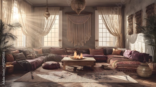 Fototapeta Naklejka Na Ścianę i Meble -  Living room with a large rug and a wall hanging. The room is filled with pillows and a coffee table. The mood of the room is cozy and inviting