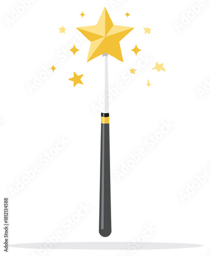 A magic wand with gold stars scattered around it, shining and magical.