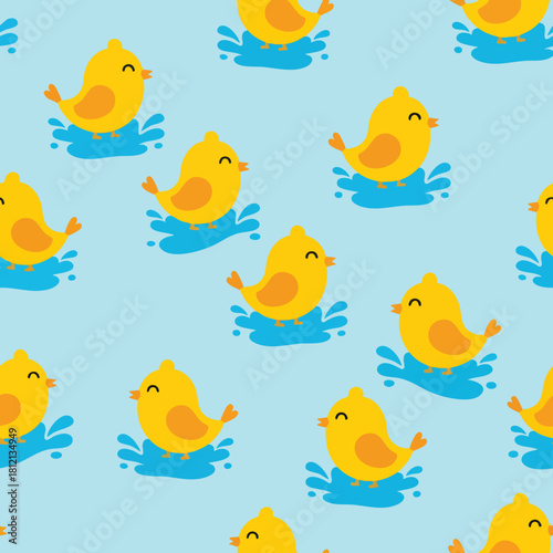 Cute Yellow Cartoon Duck Splashing In Water.