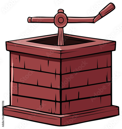 Cartoon illustration of a well, water pump and crossbar